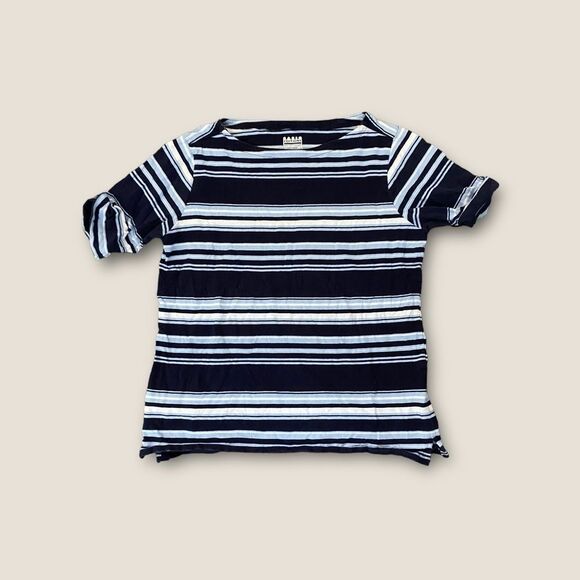 Basic Editions Striped Short Sleeve Tee Navy Combo L - Picture 2 of 6